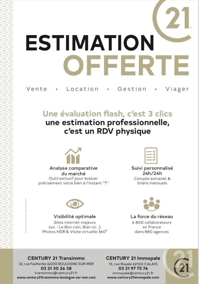 Afficher la photo en grand Appartement F2 à louer - 2 pièces - 37.0 m2 - BOULOGNE SUR MER - 62 - NORD-PAS-DE-CALAIS - Century 21 Transimmo