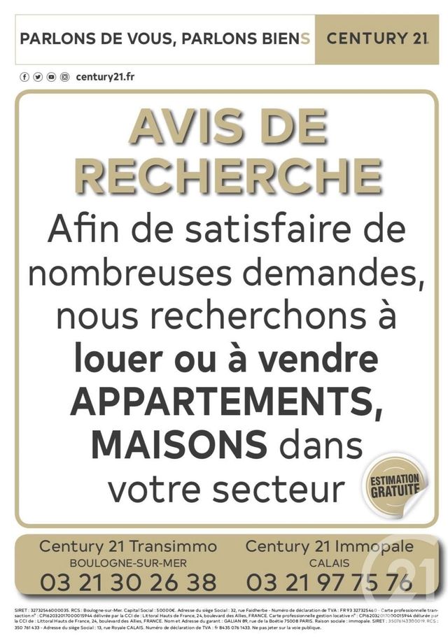 Appartement F3 à louer - 3 pièces - 68.0 m2 - BOULOGNE SUR MER - 62 - NORD-PAS-DE-CALAIS - Century 21 Transimmo