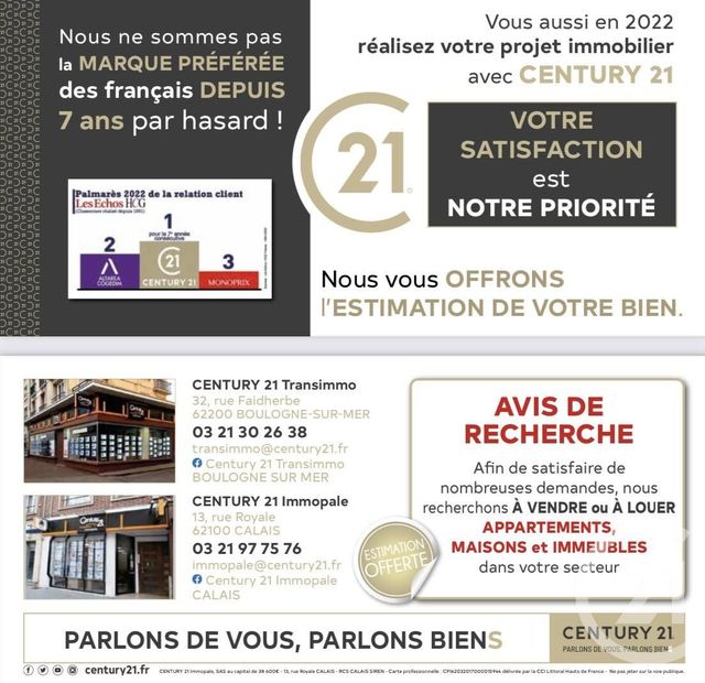 Appartement F3 à louer - 2 pièces - 50.0 m2 - BOULOGNE SUR MER - 62 - NORD-PAS-DE-CALAIS - Century 21 Transimmo